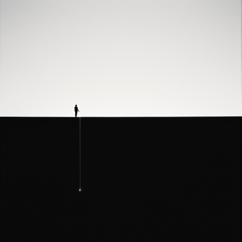 A silhouette of a lone figure stands at the edge of a stark black-and-white horizon, symbolizing the quest for purpose in life, echoing the quote about finding meaning beyond mere existence.