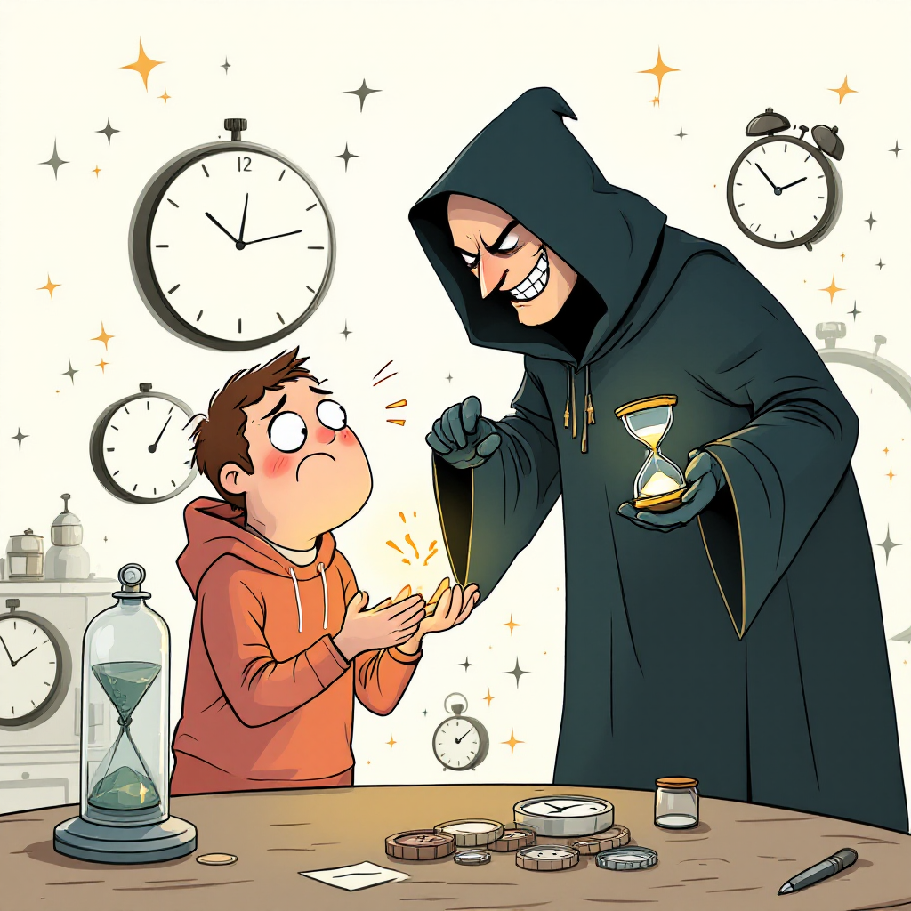 A cloaked figure representing Time stands menacingly over a boy, who looks distressed as golden sand flows from an hourglass into his hands, surrounded by various clocks and treasures.