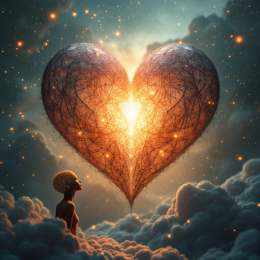 A silhouette of a person gazes at a luminous, intricate heart-shaped formation against a dreamy sky, embodying the quote about love's gravitational pull.