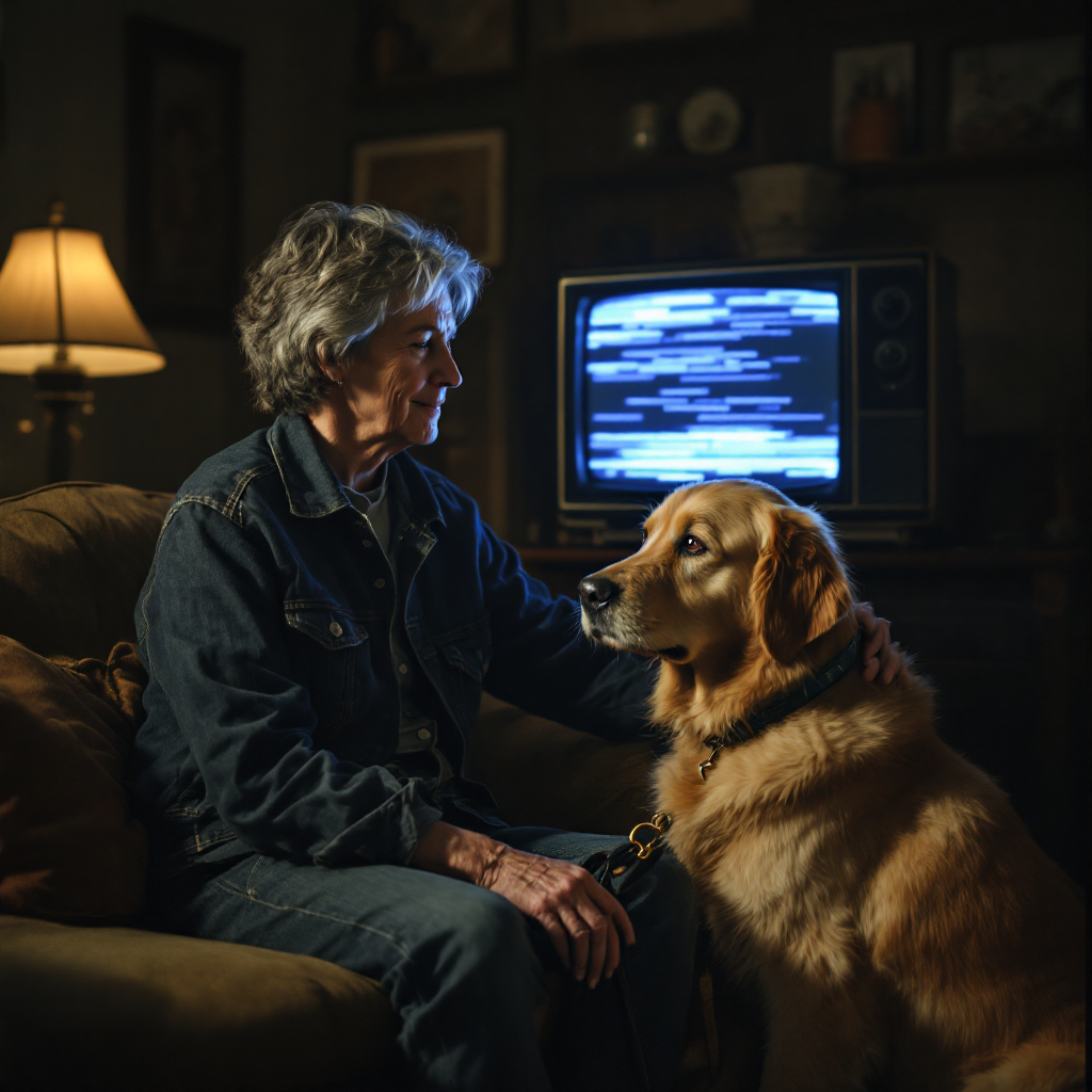 A person sits on a couch, gently petting a golden retriever guide dog. A vintage television glows in the background, emphasizing the bond and communication between them.