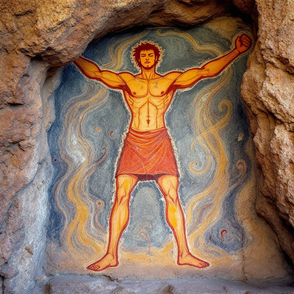 A vibrant cave painting depicts a muscular figure with outstretched arms, embodying the quote, You have to do what you believe is right, regardless of the consequences.