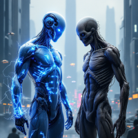 A futuristic scene depicts a glowing blue cybernetic figure standing beside a pale, skeletal figure, illustrating the quote about the indistinguishable particle composition of life and death.