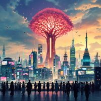 A vibrant futuristic cityscape features a colossal pink tree at its center, symbolizing hope and transformation against a colorful sunset backdrop, while people observe from below.