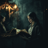 A woman reads a book in a dimly lit, smoky room, her reflection visible in a vintage mirror. The ambiance evokes themes of power and the obscured truth.