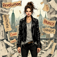 A determined young woman stands confidently in a leather jacket, surrounded by torn papers with words like Revolution! and Change, embodying the spirit of activism and transformation.