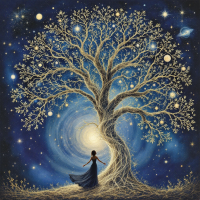 A silhouetted figure stands before a majestic, intricate tree adorned with stars, surrounded by a cosmic backdrop, symbolizing interconnectedness and a greater design at work.