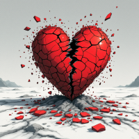 A shattered red heart surrounded by broken pieces, set against a stark, barren landscape, evokes the essence of the quote on heartbreak and loss of self.