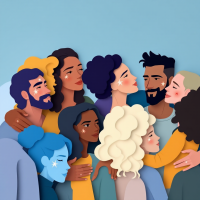 A colorful illustration of diverse individuals embracing and supporting each other, representing the theme of resilience and the scars we all bear.