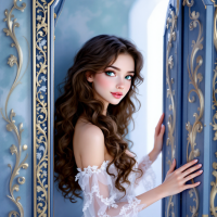 A young woman with long, wavy hair gazes thoughtfully from behind an ornate, blue and gold door, embodying the bravery of vulnerability and connection, inspired by the quote on openness.