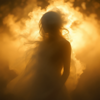 A silhouetted figure stands amid swirling golden mist, evoking an ethereal presence, as the essence of the quote I am haunted by humans resonates through the scene.