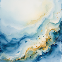 An abstract watercolor composition featuring swirling shades of blue and gold, evoking the enigmatic nature of the past that shapes yet does not define our identities.