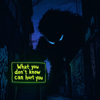 A shadowy figure looms in a dark alley, illuminated by a bright neon sign that reads, What you don't know can hurt you, adding a sense of mystery and foreboding to the scene.