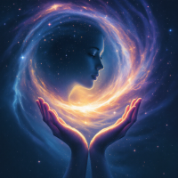 A ethereal figure emerges from a swirling cosmos, hands cradling luminous energy, symbolizing the profound connection and understanding between souls in the vast universe.