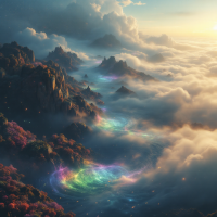 A vibrant landscape of swirling colors and ethereal waters flows through a misty valley, embodying the quote about the endless possibilities of the universe and the power of imagination.