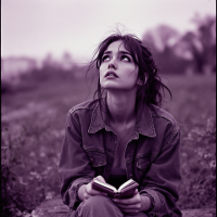 A young woman sits outdoors, holding a book, gazing upwards with a contemplative expression. The scene is tinted purple, evoking a sense of reflection on memories that linger.