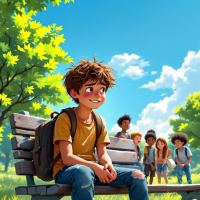 A cheerful boy with messy brown hair sits on a bench under bright blue skies, surrounded by friends who smile and laugh, embodying the everyday joys and challenges of childhood.