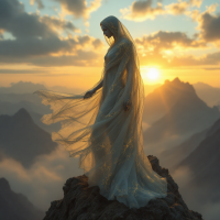 A figure draped in ethereal fabric stands on a mountain peak at sunset, surrounded by clouds, embodying the essence of new perspectives and transformative journeys.