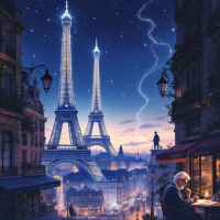 A reflective scene in Paris, featuring the Eiffel Tower under a starlit sky, with a writer at a café, evoking Hemingway's idea of time's unique passage in the city.