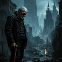 A weary old man stands in a desolate, shadowy cityscape. His cane rests in his hand as he gazes downward, embodying the struggle of choice amidst a haunting, ruined world.