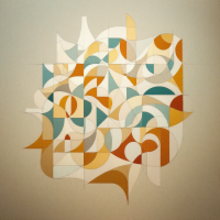 An abstract composition of interlocking shapes in warm tones of orange, teal, and cream, symbolizing unfinished projects and the complexity of creativity.