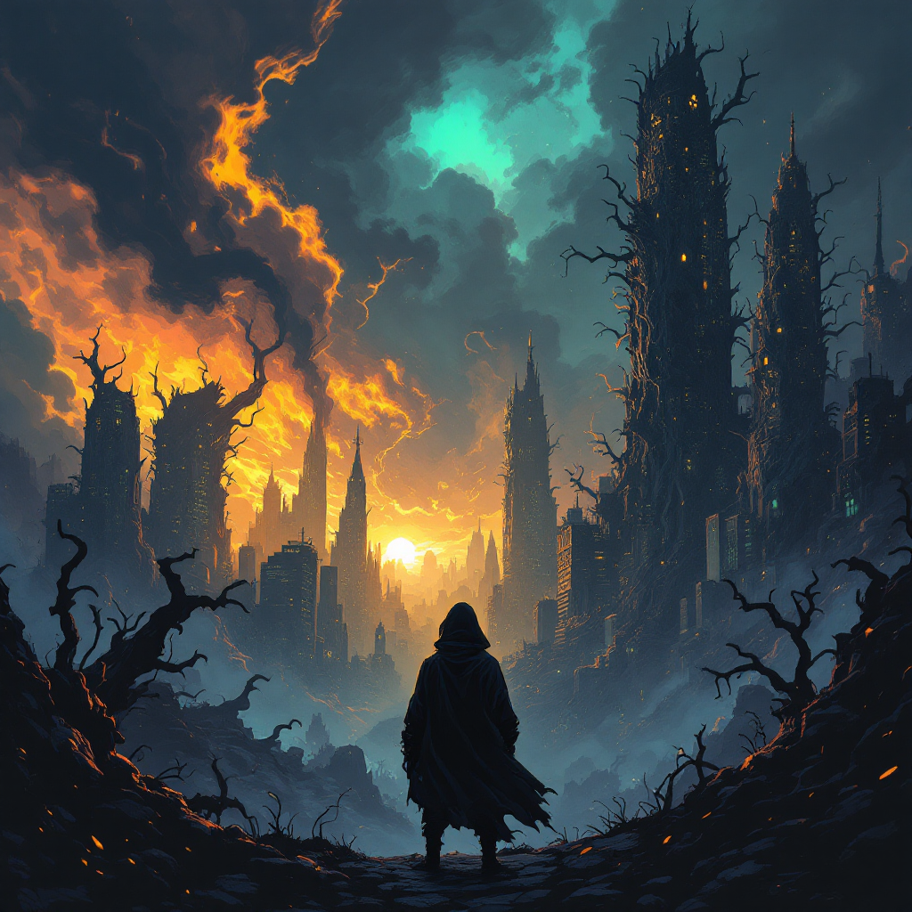 A hooded figure stands in a desolate landscape, illuminated by the rising sun, symbolizing the triumph of light over the shadows of fear, as the remnants of a broken world surround them.