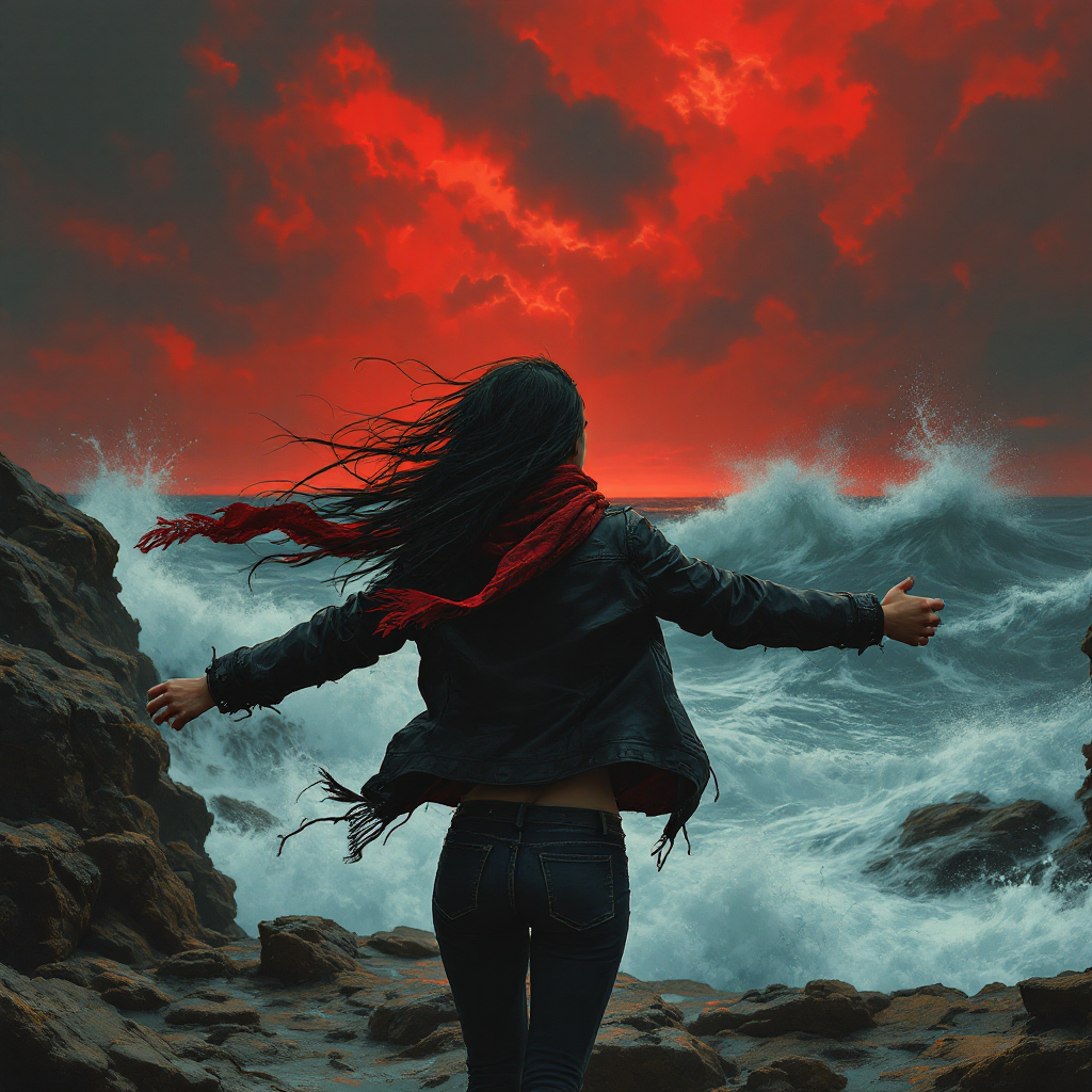 A figure stands on rocky shores, arms outstretched against crashing waves, as a dramatic red sky looms, embodying resilience and the notion of rising from failure.