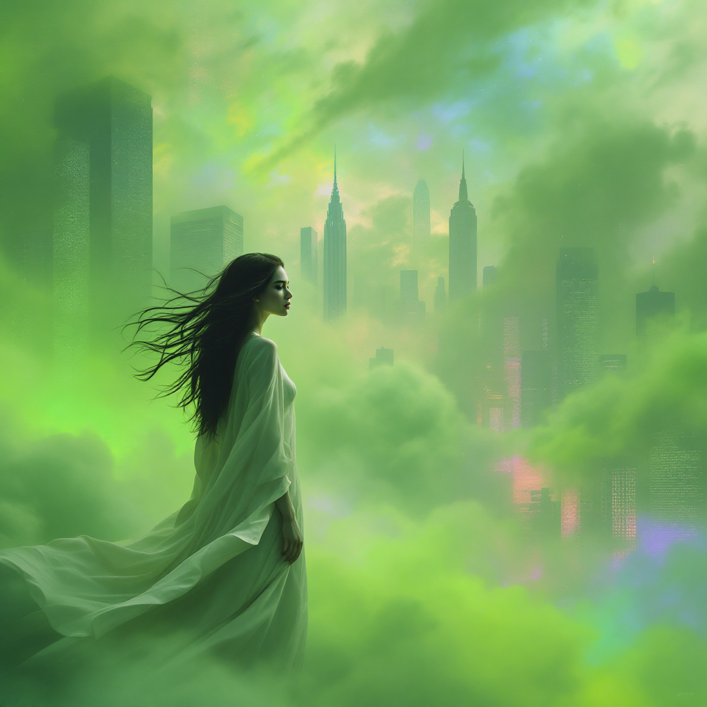 A figure in a flowing white garment stands amidst swirling green mist, gazing over a mystical cityscape, embodying the quest for meaning beyond mere existence.