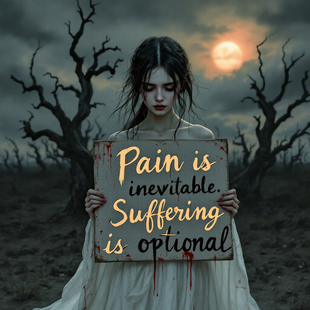 A sorrowful figure in a tattered white dress stands in a barren landscape, holding a sign that reads, Pain is inevitable. Suffering is optional, under a haunting, moonlit sky.