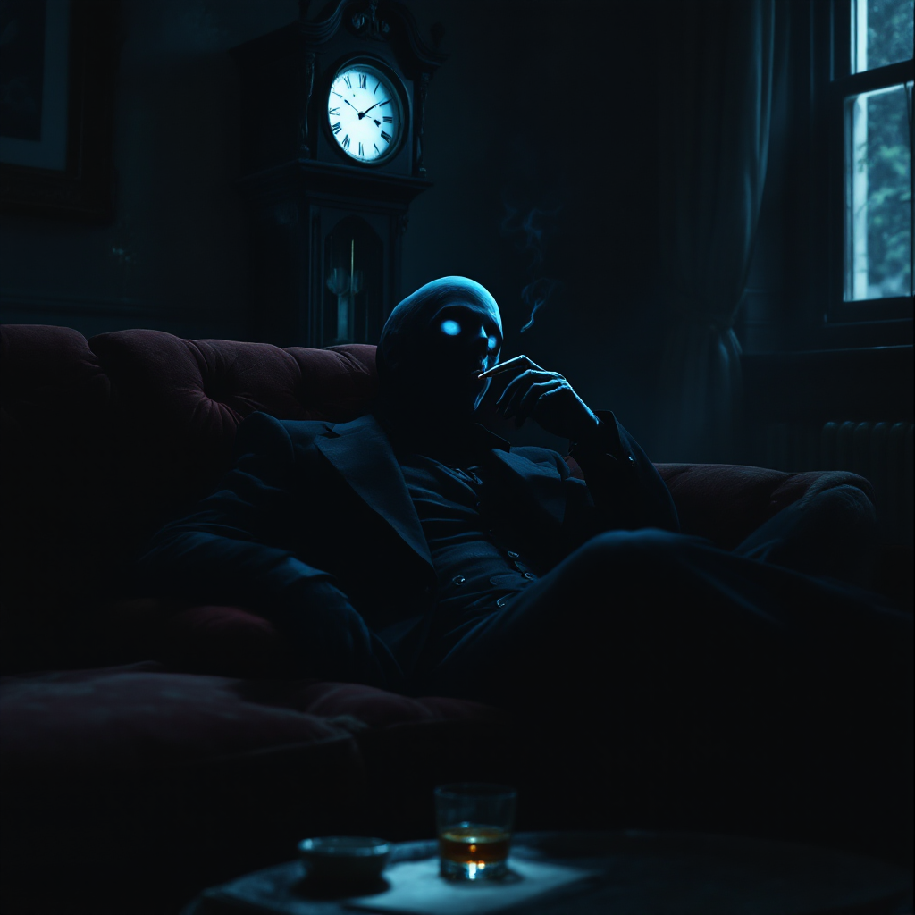 A mysterious figure sits on a dark red couch, shrouded in shadows and smoke, a glass resting on the table, evoking the eerie sentiment of having been dead before.