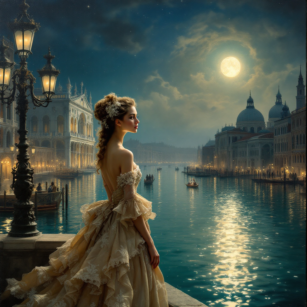 A woman in an elegant gown gazes over a moonlit Venetian canal, capturing the essence of untold stories and the beauty of her surroundings.