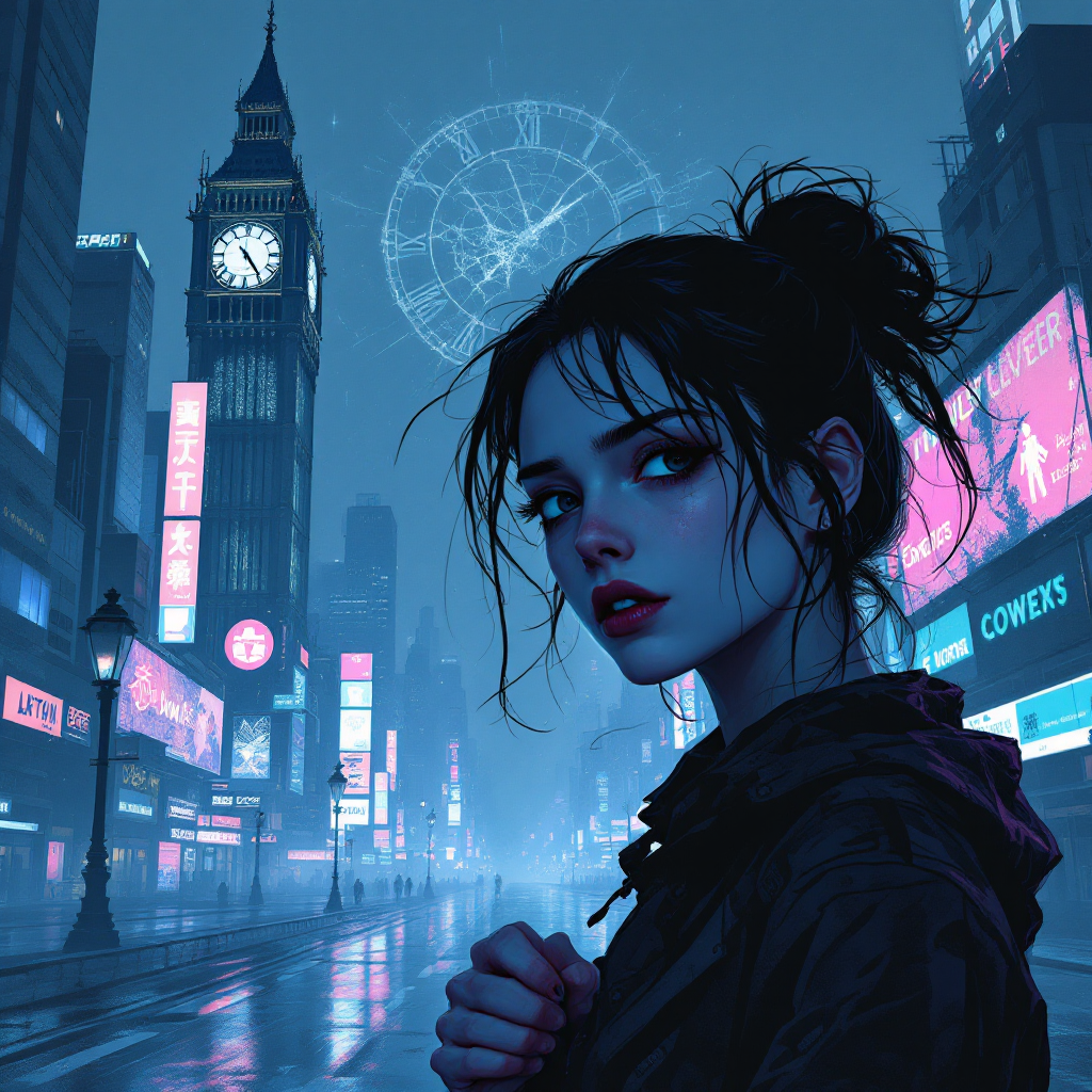 A young woman stands alone in a dimly lit, futuristic cityscape, illuminated by neon lights. Her expression reflects deep sorrow, embodying the fierce despair of lost hope.