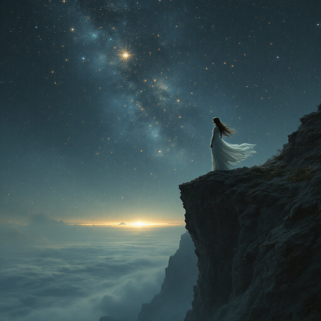 A figure in a flowing white dress stands on a cliff's edge, gazing up at a starry sky, embodying the sentiment of seizing the moment, as tomorrow is not promised.