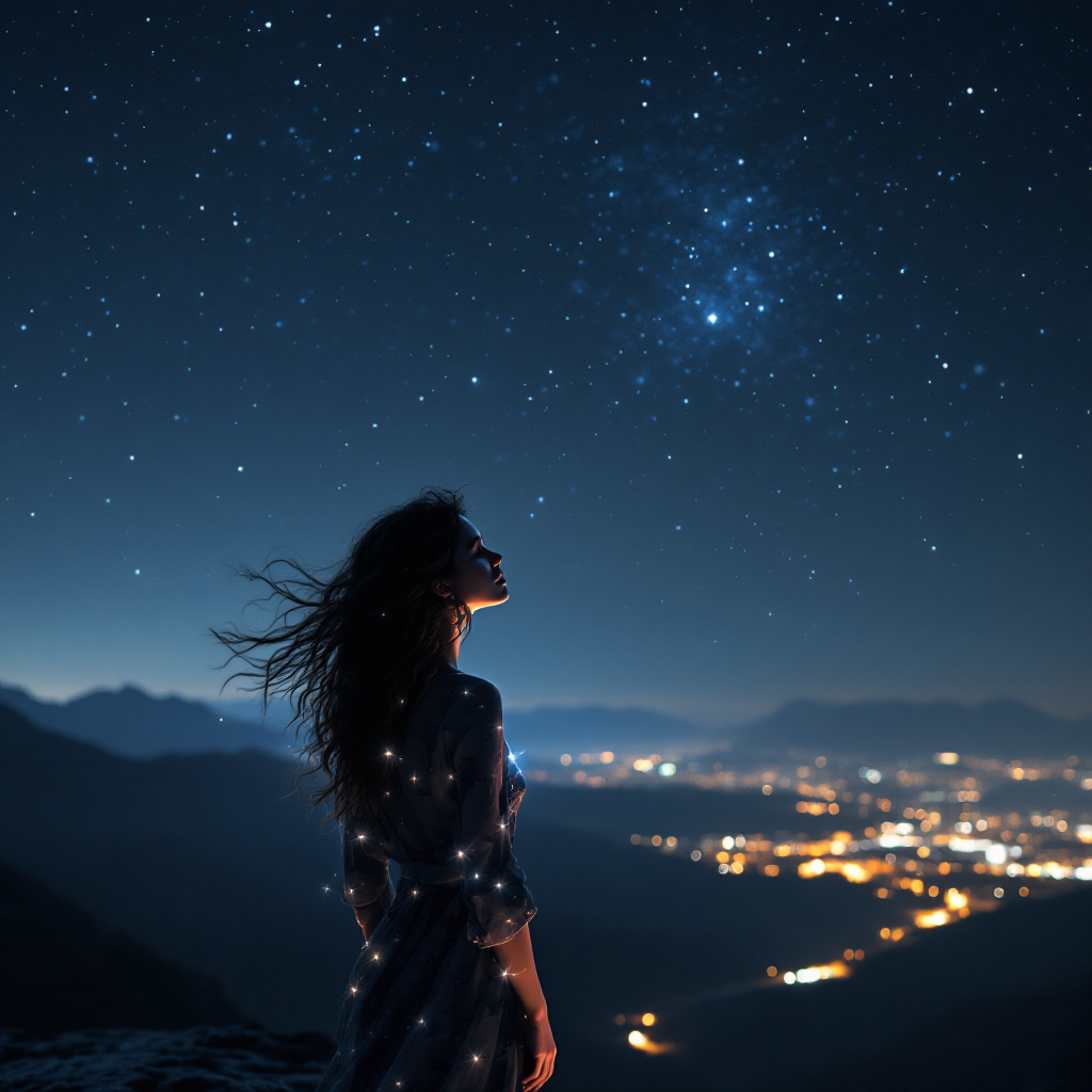 A woman stands on a mountaintop, gazing at a star-filled sky, reflecting uncertainty about her future amidst a backdrop of distant city lights and mountains.