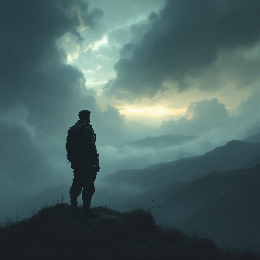 A soldier stands on a rocky outcrop, gazing at a dramatic sky filled with clouds, embodying the bravery of accepting the risk of never returning home.