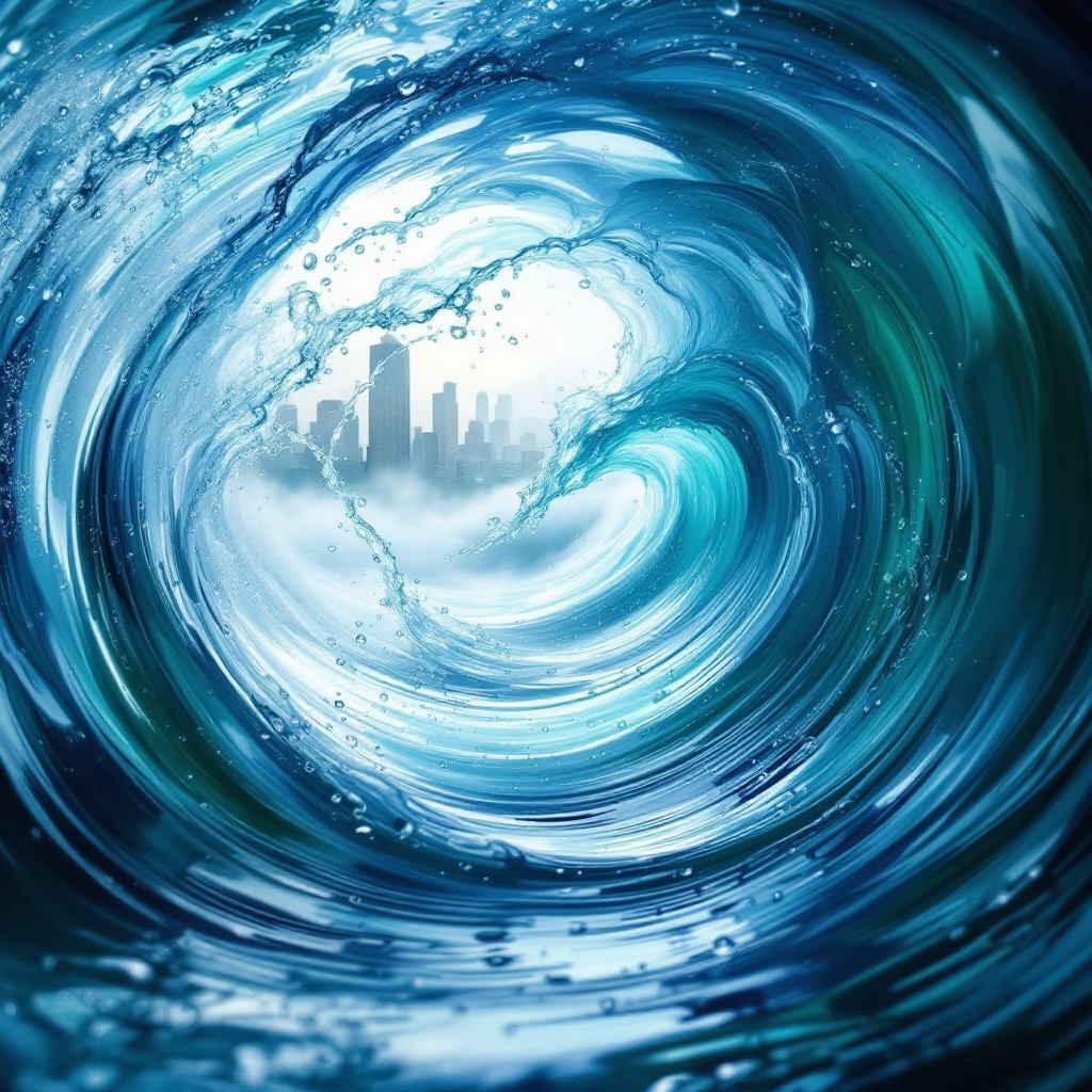 A swirling wave of deep blue water encircles a distant city skyline, symbolizing movement and the urgency to take action instead of waiting for change.