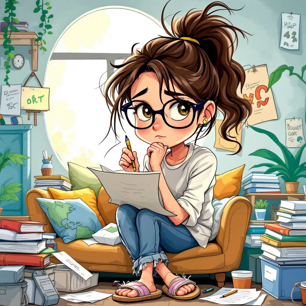 A thoughtful young woman with glasses sits cross-legged on a couch, surrounded by books and notes, jotting down ideas as sunlight streams through a window.