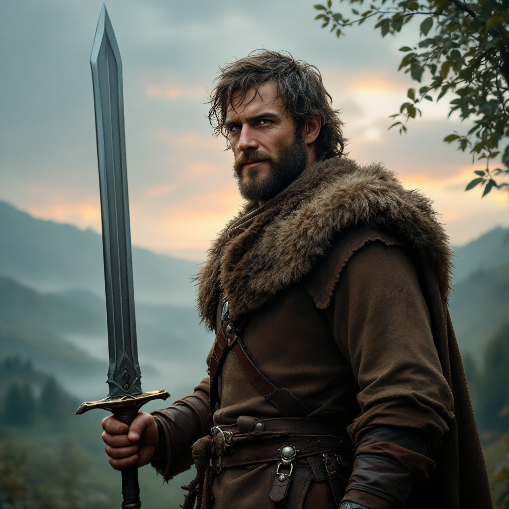 A resolute man stands in a misty landscape, holding a sword. Draped in a fur-lined cloak, he embodies strength and honor, echoing the sentiment of not drawing a blade against his kin.