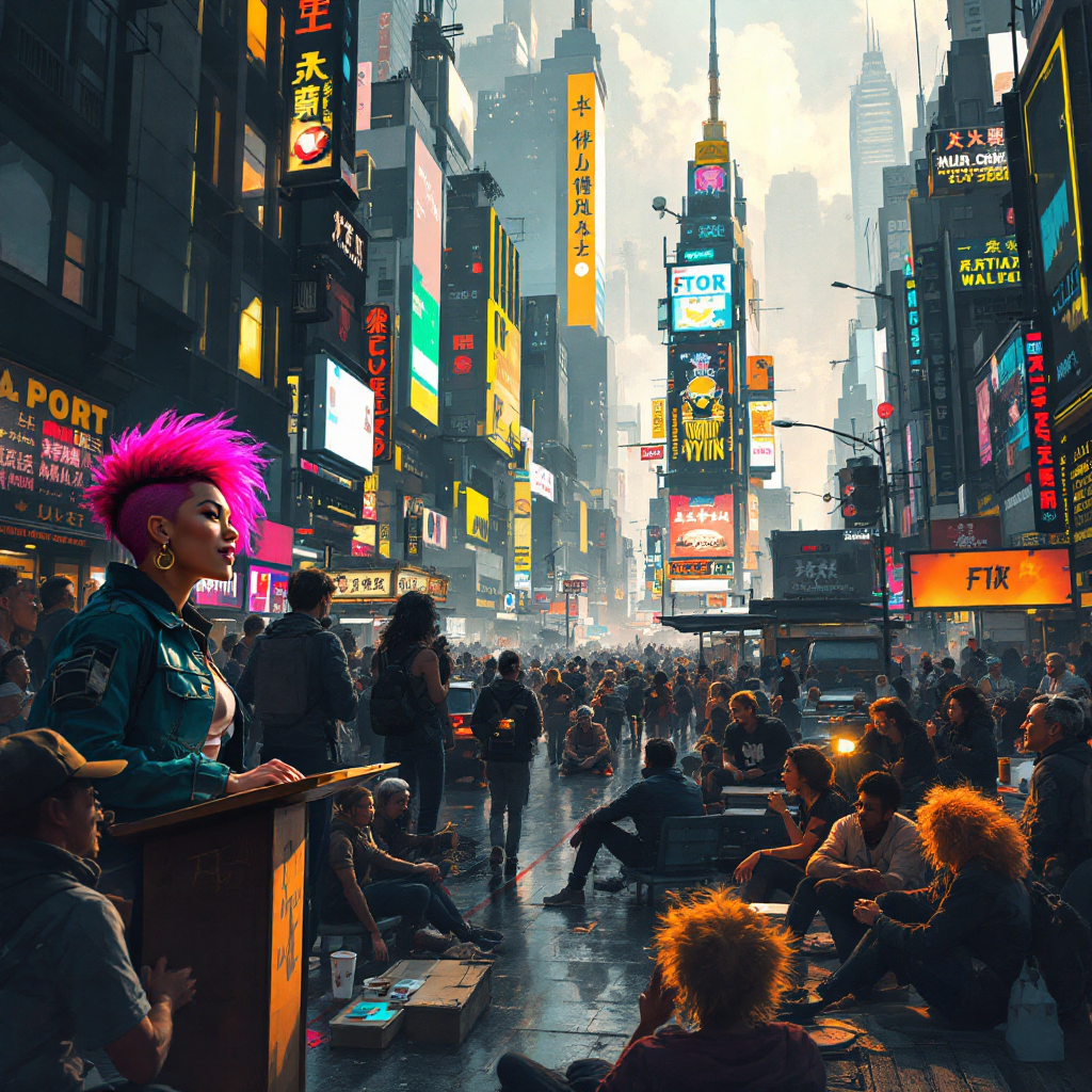 A vibrant Times Square scene captures a diverse crowd, with a confident speaker at a podium. The atmosphere reflects the paradox of humanity, embodying both its worst and best qualities.