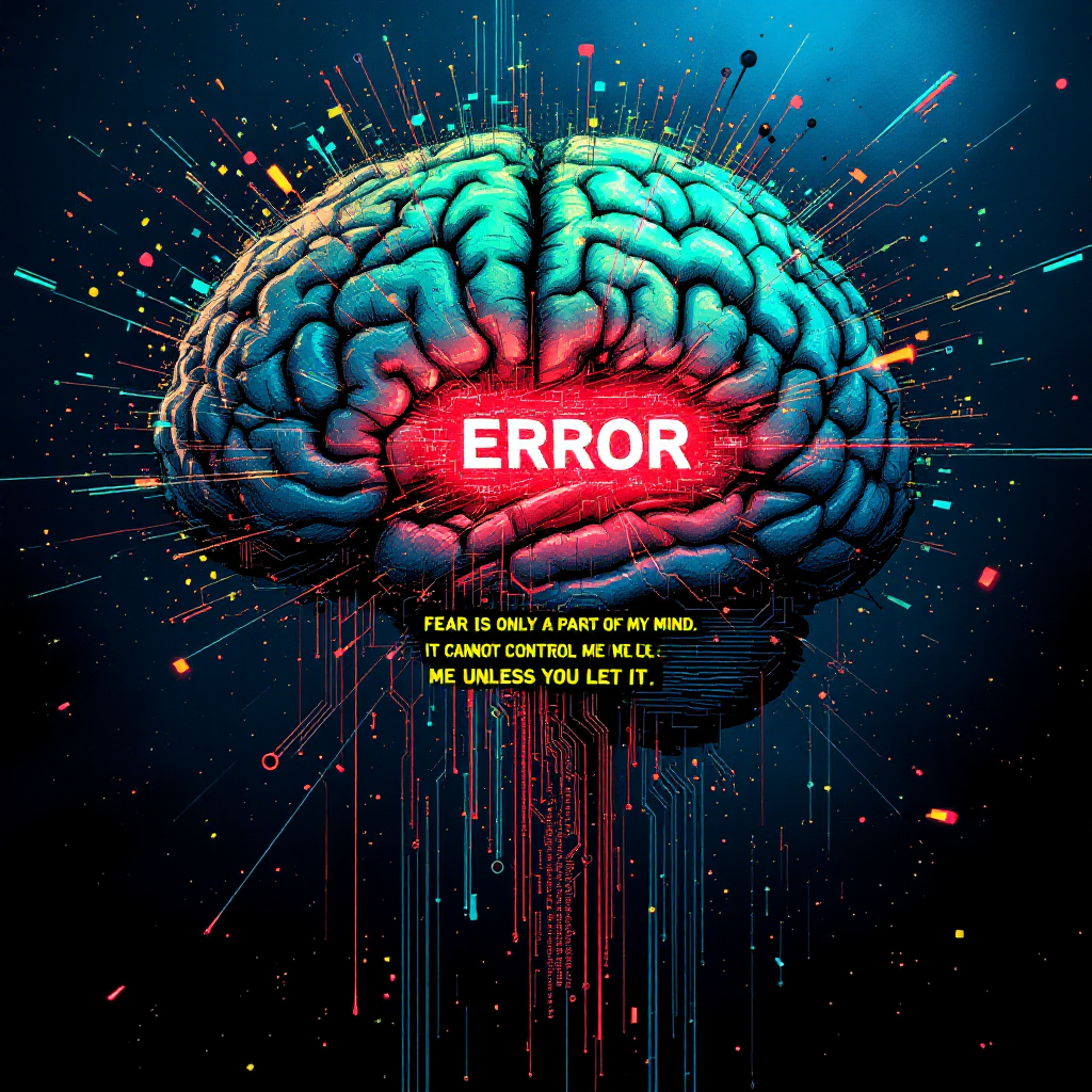 A vibrant, colorful brain pulsates with energy, featuring the word ERROR in red. Below, a quote emphasizes that fear only controls if you allow it, highlighting mental empowerment.