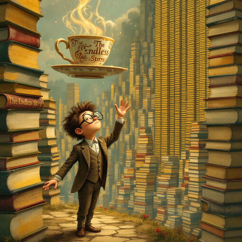 A whimsical scene depicts a bespectacled boy in a suit, reaching for an oversized, steaming cup of tea hovering above towering stacks of books, capturing a love for tea and literature.