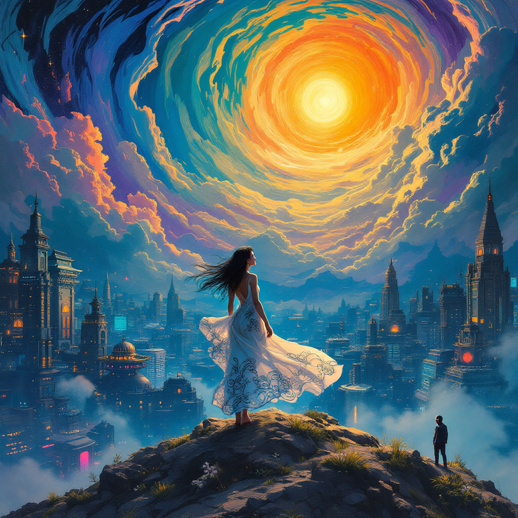 A figure in a flowing dress stands on a rocky outcrop, gazing at a vibrant, swirling sky illuminated by a bright sun, overlooking a fantastical cityscape, embodying the interconnectedness of existence.