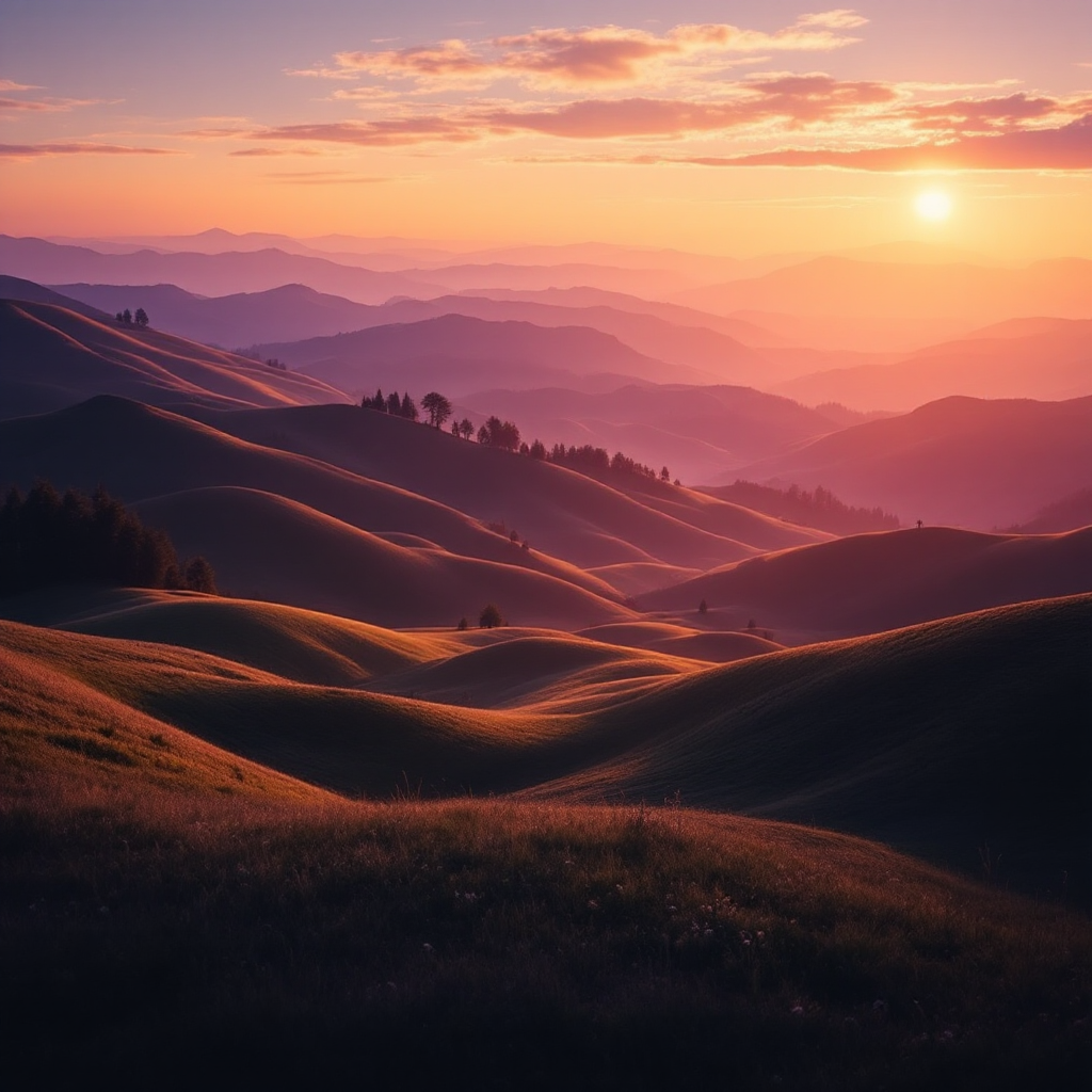 A tranquil landscape at sunset, with rolling hills bathed in warm hues of orange and purple, embodying a profound opening of the senses and a serene connection with nature.