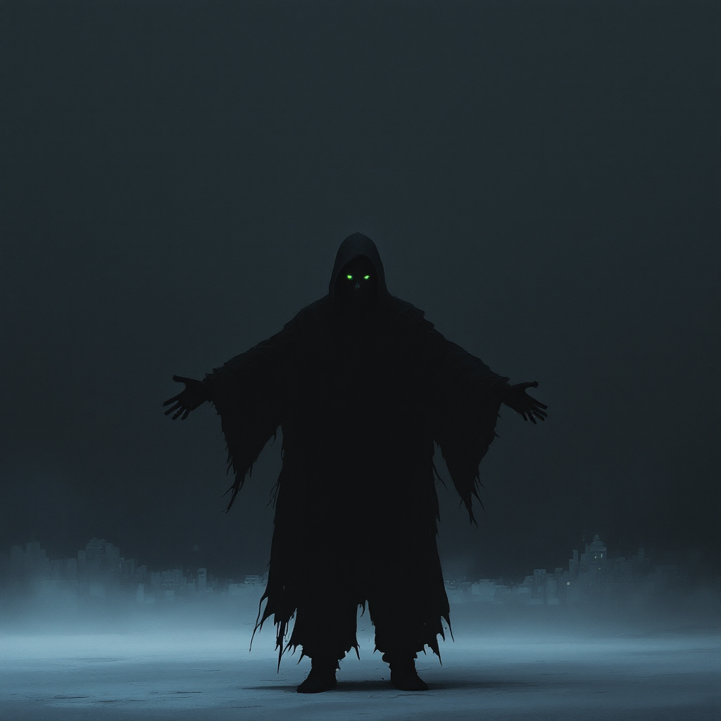 A shadowy figure with glowing green eyes stands in a foggy landscape, arms outstretched, embodying the quote's theme of sacrifice and despair.