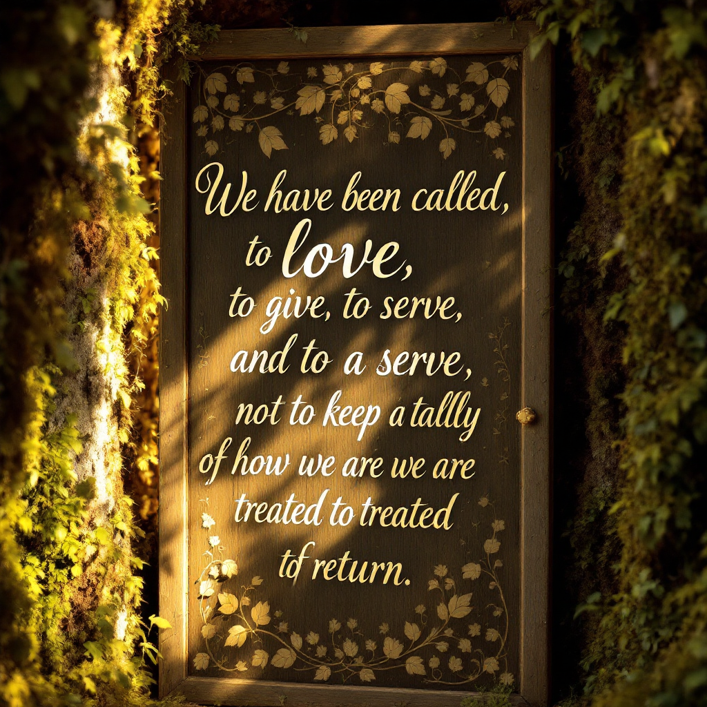 A beautifully illuminated sign nestled in moss reads, We have been called to love, to give, and to serve, not to keep a tally of how we are treated in return.