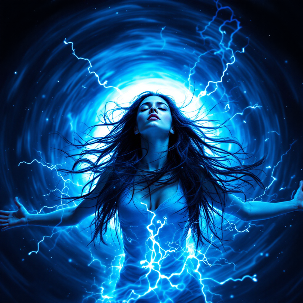 A woman surrounded by swirling blue energy and lightning, arms outstretched, embodying the power of choice in how to cope with familial bonds, as the quote suggests.