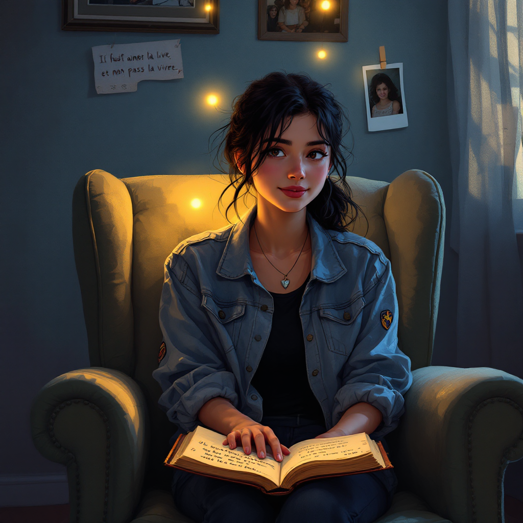 A young woman sits in a cozy armchair, holding an open book, illuminated by soft glowing lights. The scene evokes the idea that understanding someone deeply requires knowing their story.