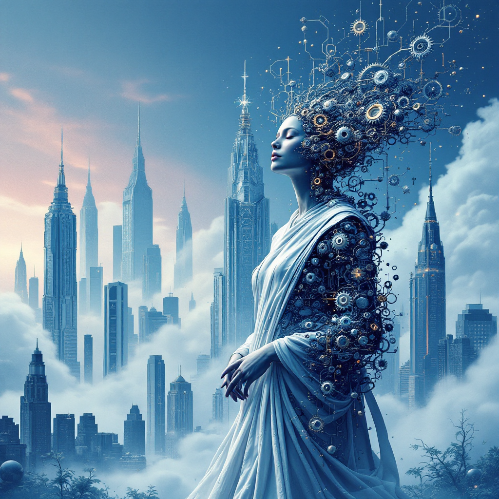 A serene figure in flowing white, adorned with mechanical gears, gazes over a futuristic city. The image embodies the quote's theme of embracing progress over stagnation.