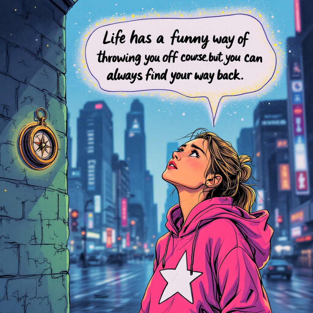 A young woman gazes upward in a city at night, accompanied by a glowing compass on a wall, illustrating the quote about navigating life's unexpected twists.