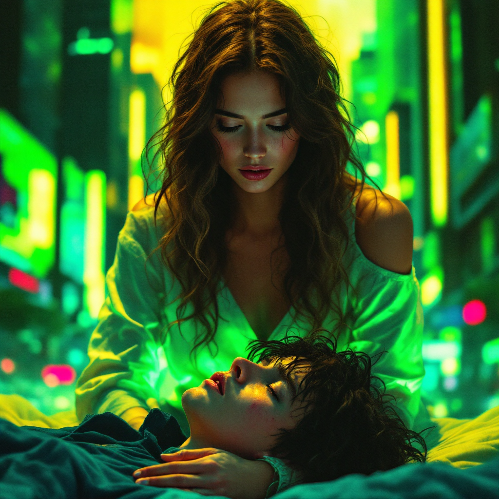 A woman gazes intently at a resting young man, bathed in vibrant green light, evoking the quote about saving someone not your own to save. The urban backdrop enhances the emotional depth.