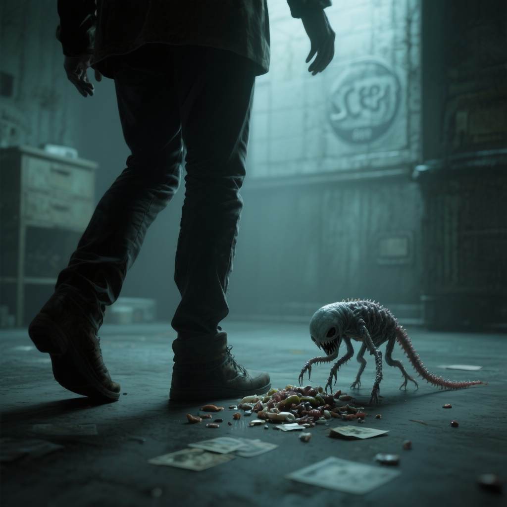 A small, eerie creature with a skeletal frame crouches on the floor beside a person's legs, surrounded by scattered papers in a dim, industrial room marked with “SCP.”